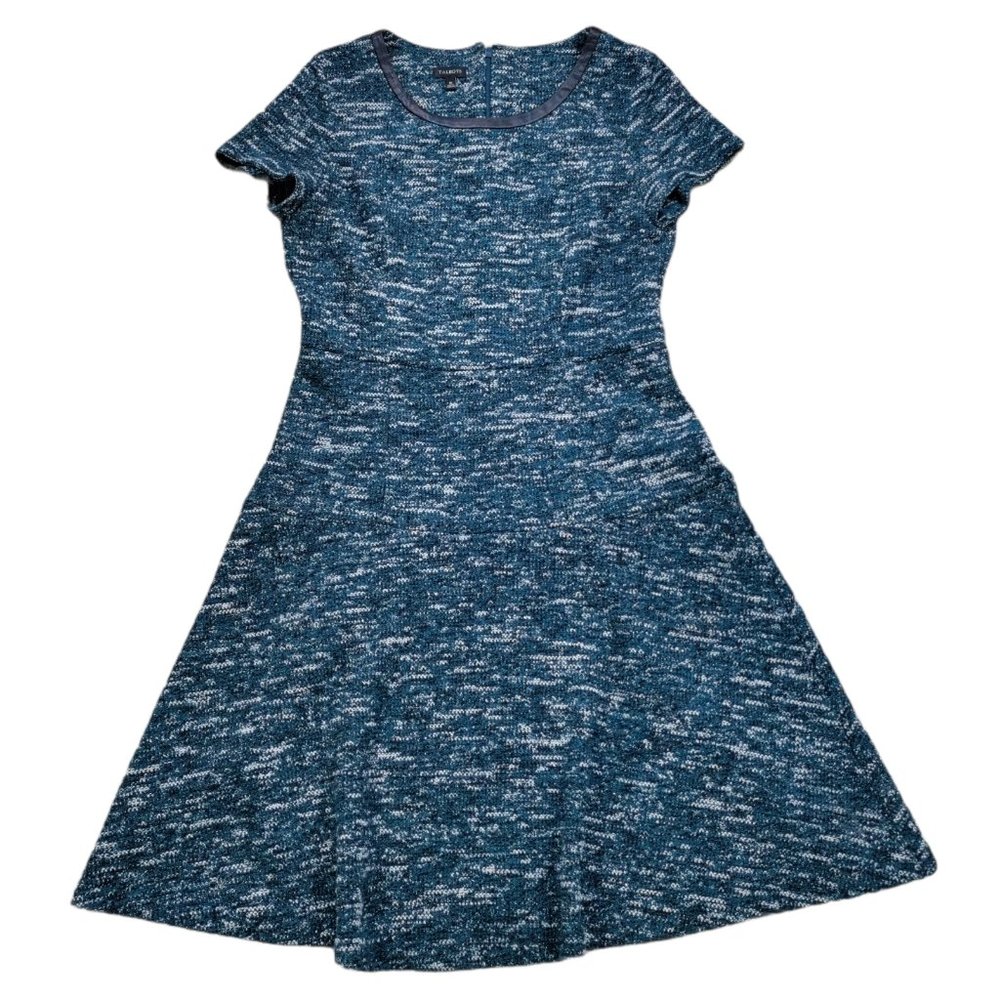 Talbots Women Size 10 Dress Blue Short Sleeve Round Neck Solid Faux Leather Trim